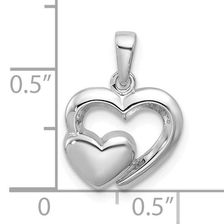 Sterling Silver Rhodium-plated Polished Heart Inside Heart Pendant