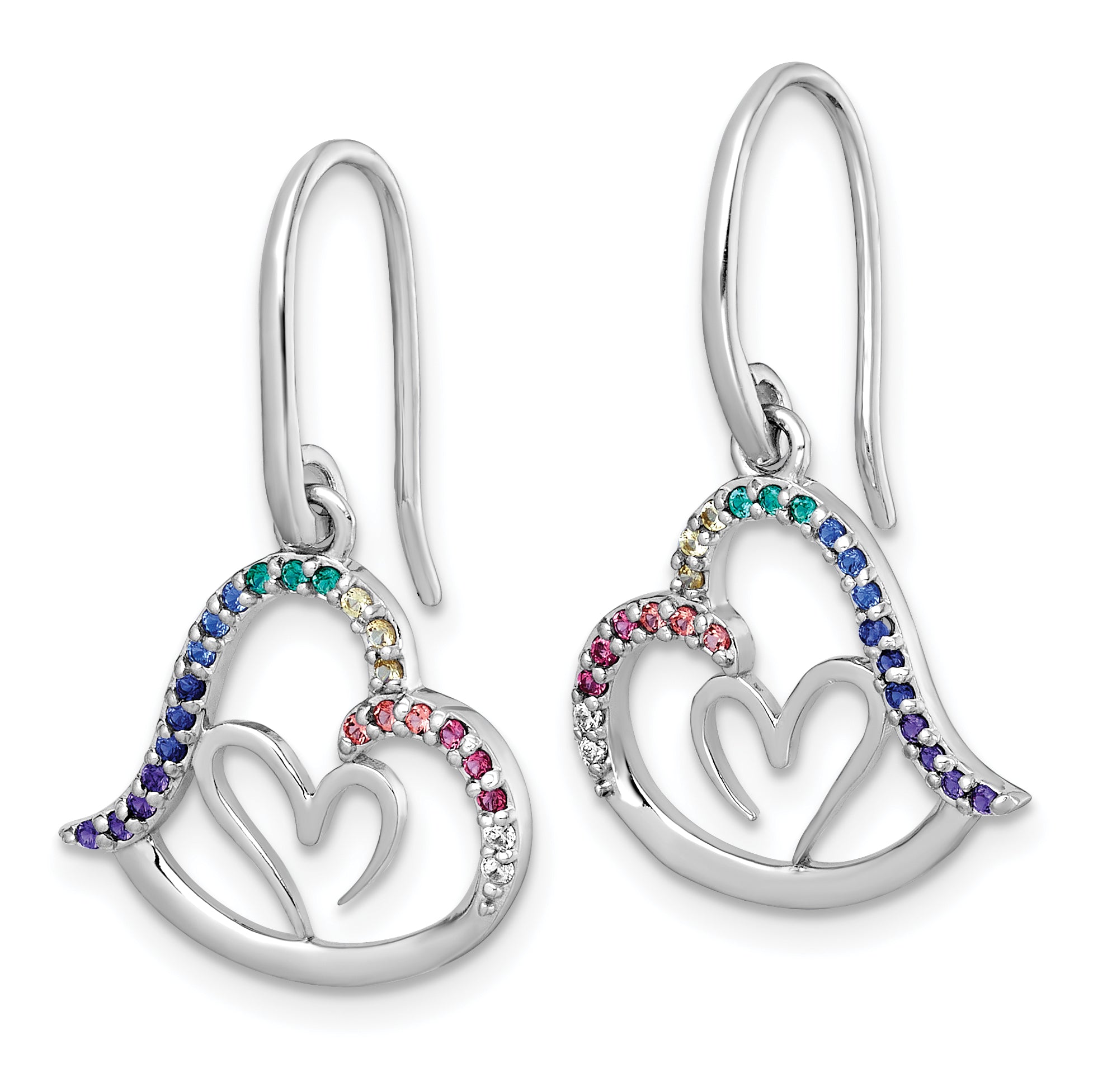 Sterling Silver Rhodium-plated Polished Rainbow Nano Crystals Double Heart Dangle Shepherd Hook Earrings Secondary image