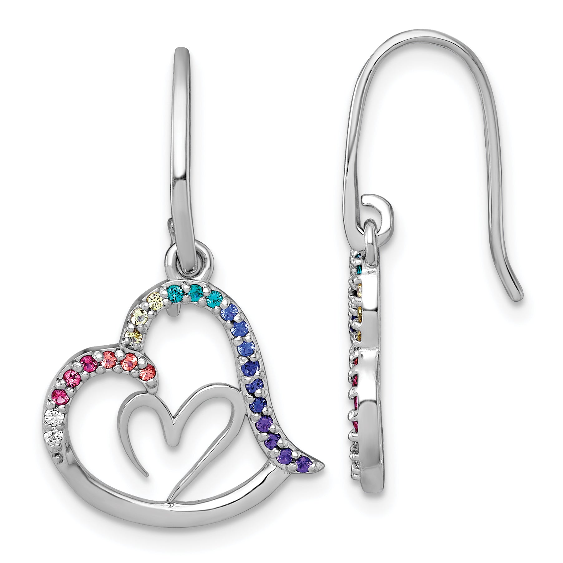 Sterling Silver Rhodium-plated Polished Rainbow Nano Crystals Double Heart Dangle Shepherd Hook Earrings Main image