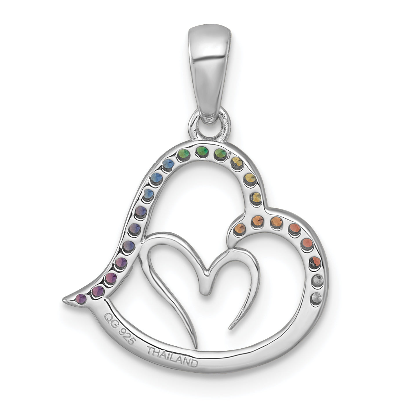 Sterling Silver Rhodium-plated Polished Rainbow Nano Crystals Double Heart Pendant