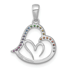 Sterling Silver Rhodium-plated Polished Rainbow Nano Crystals Double Heart Pendant