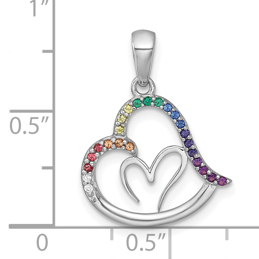 Sterling Silver Rhodium-plated Polished Rainbow Nano Crystals Double Heart Pendant
