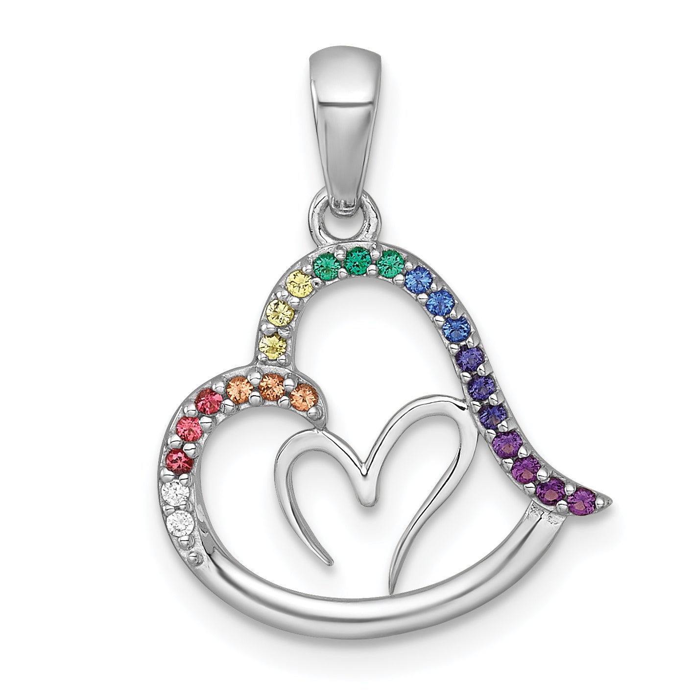 Sterling Silver Rhodium-plated Polished Rainbow Nano Crystals Double Heart Pendant Main image