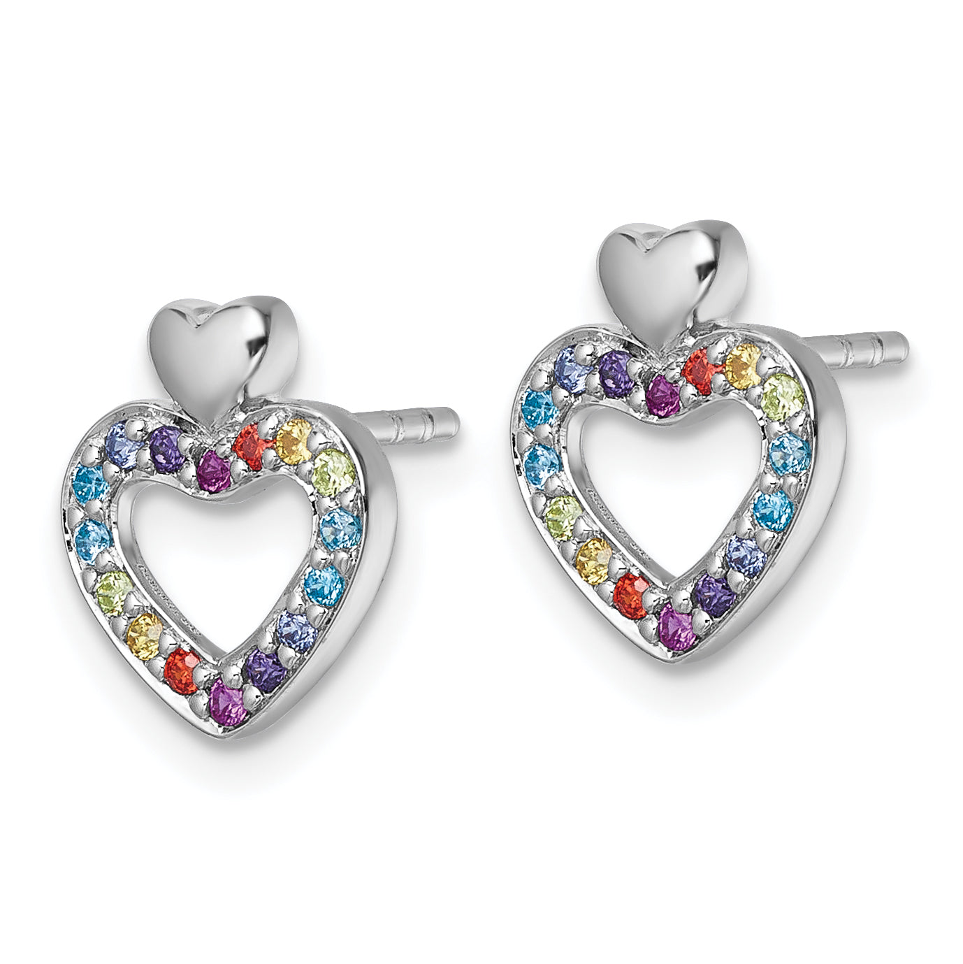 Sterling Silver Rhodium-plated Polished Rainbow CZ Double Heart Post Earrings Secondary image