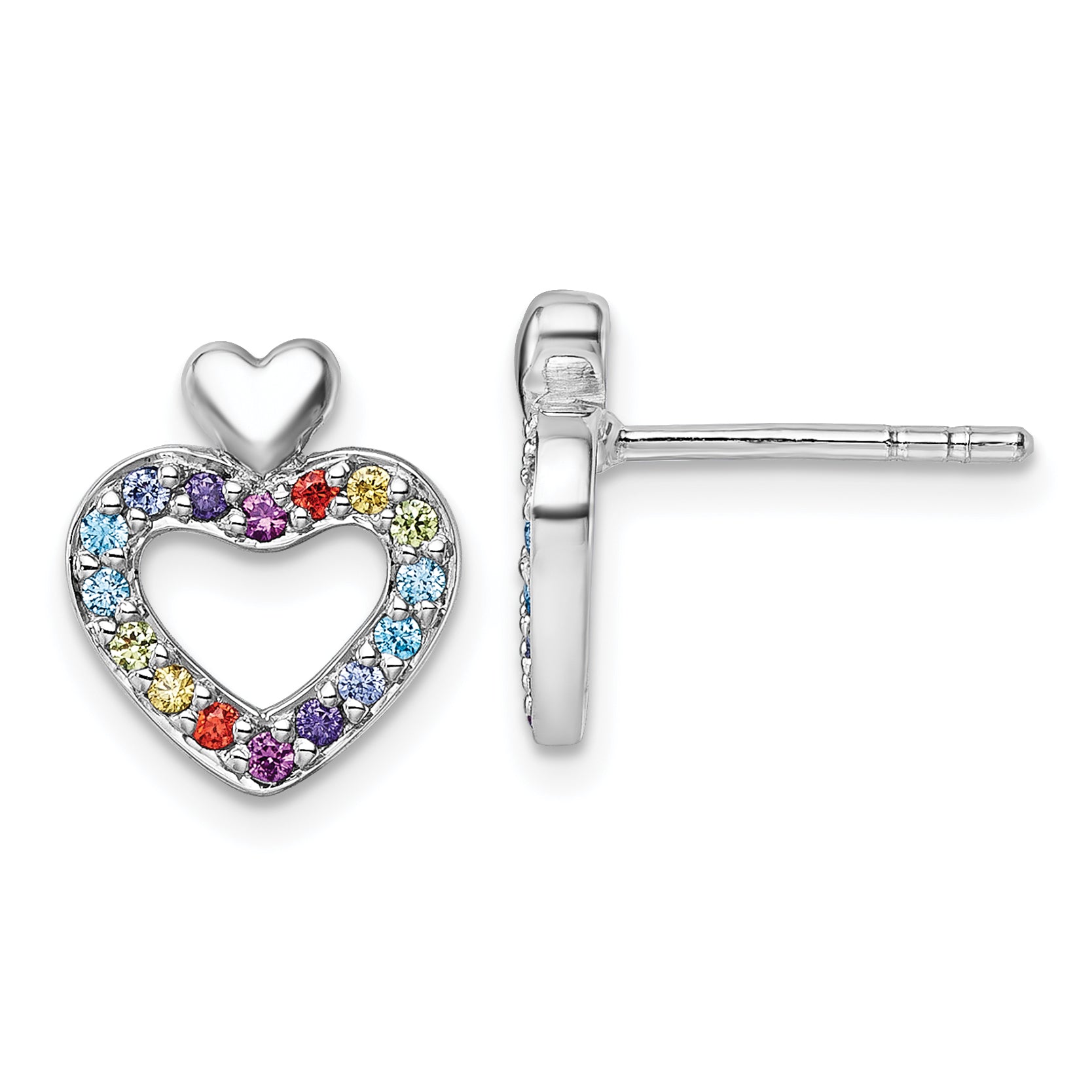 Sterling Silver Rhodium-plated Polished Rainbow CZ Double Heart Post Earrings Main image