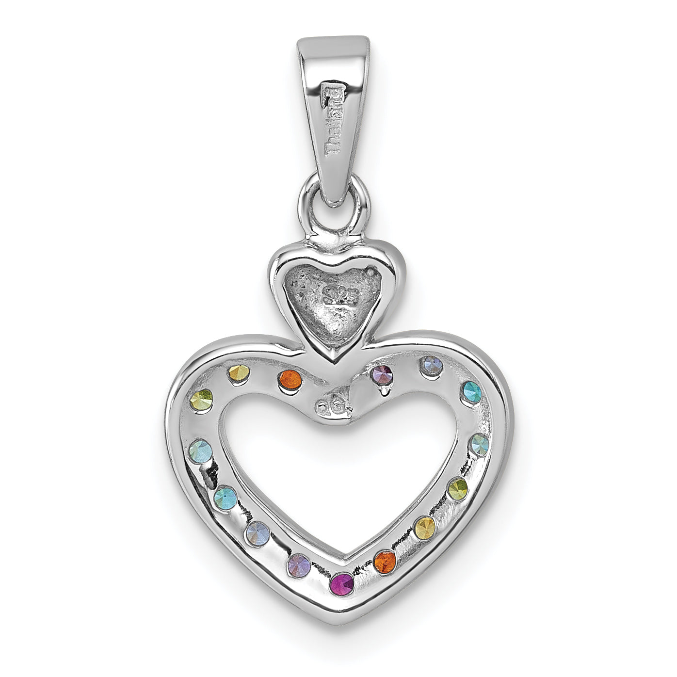 Sterling Silver Rhodium-plated Polished Rainbow CZ Double Heart Pendant