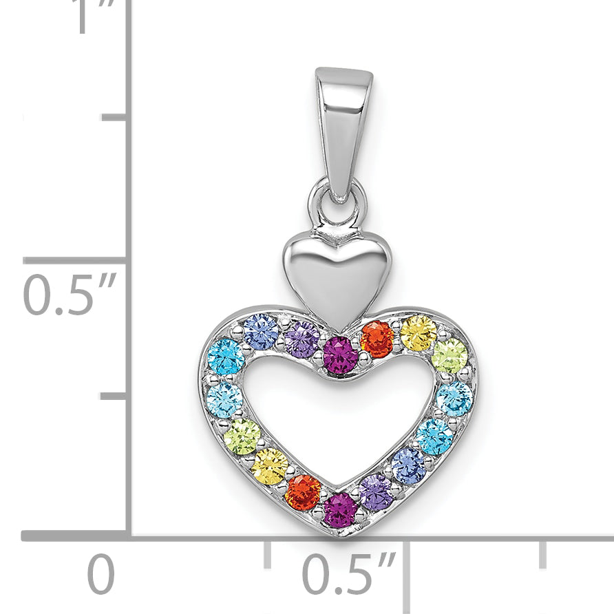 Sterling Silver Rhodium-plated Polished Rainbow CZ Double Heart Pendant
