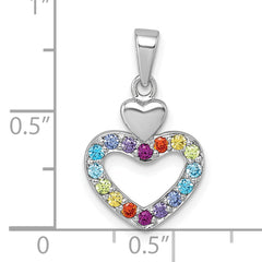 Sterling Silver Rhodium-plated Polished Rainbow CZ Double Heart Pendant