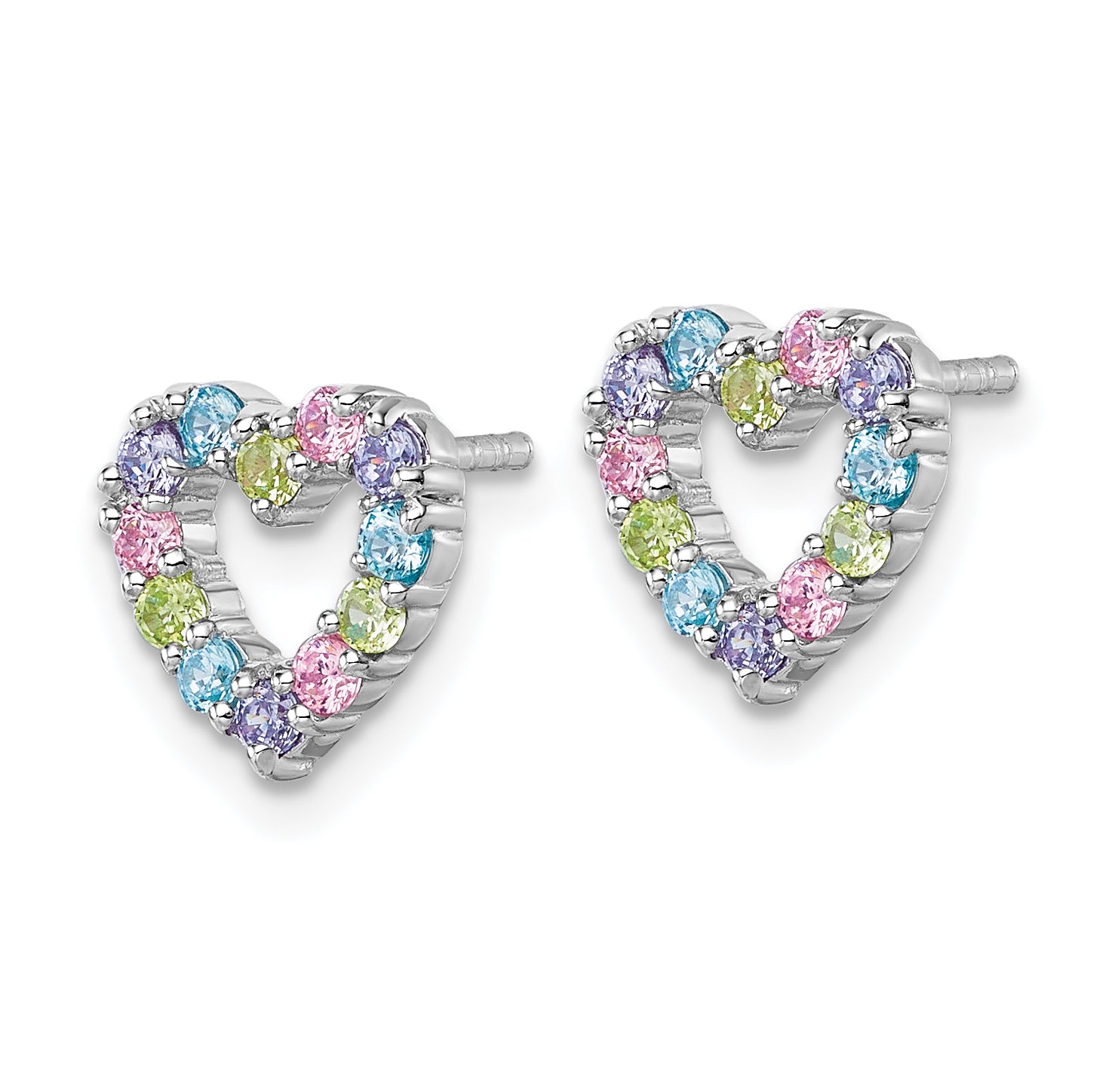 Sterling Silver Rhodium-plated Polished Pastel Blue, Pink, Green and Purple CZ Heart Post Earrings Secondary image