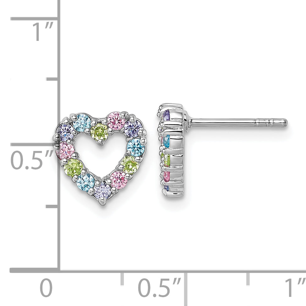 Sterling Silver Rhodium-plated Polished Pastel Blue, Pink, Green and Purple CZ Heart Post Earrings