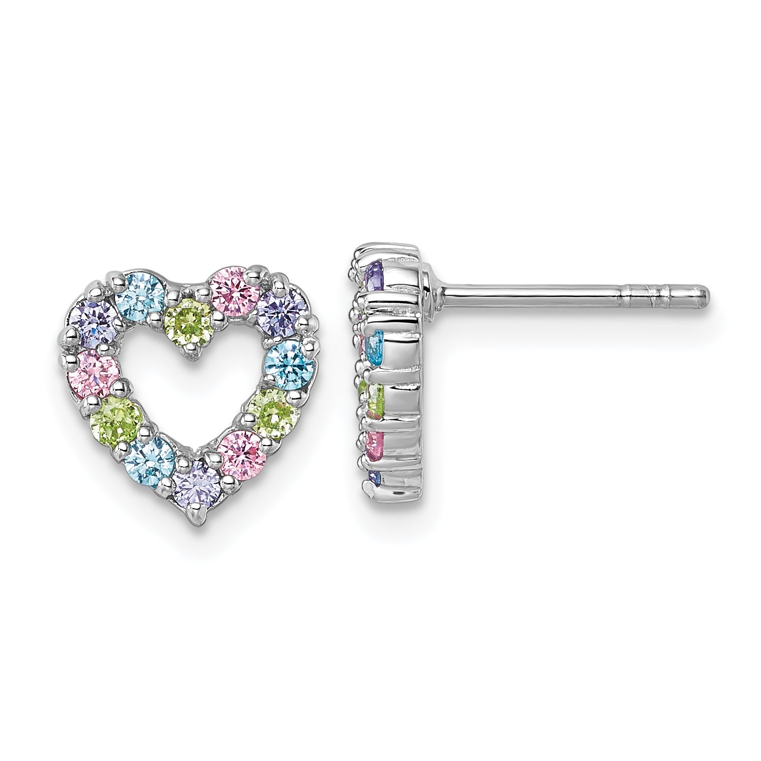 Sterling Silver Rhodium-plated Polished Pastel Blue, Pink, Green and Purple CZ Heart Post Earrings