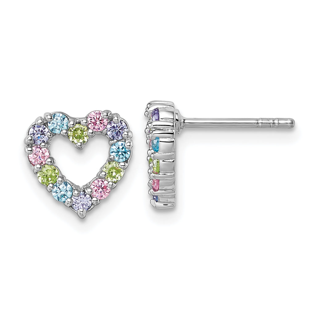 Sterling Silver Rhodium-plated Polished Pastel Blue, Pink, Green and Purple CZ Heart Post Earrings