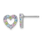 Sterling Silver Rhodium-plated Polished Pastel Blue, Pink, Green and Purple CZ Heart Post Earrings