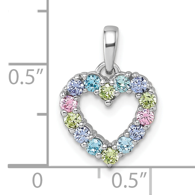 Sterling Silver Rhodium-plated Polished Pastel Blue, Pink, Green and Purple CZ Heart Pendant