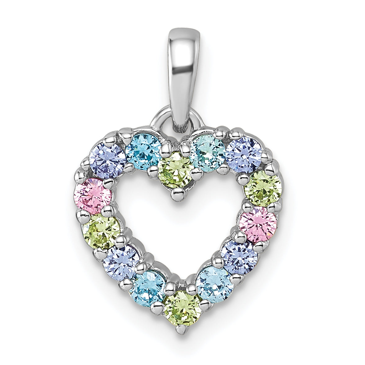 Sterling Silver Rhodium-plated Polished Pastel Blue, Pink, Green and Purple CZ Heart Pendant