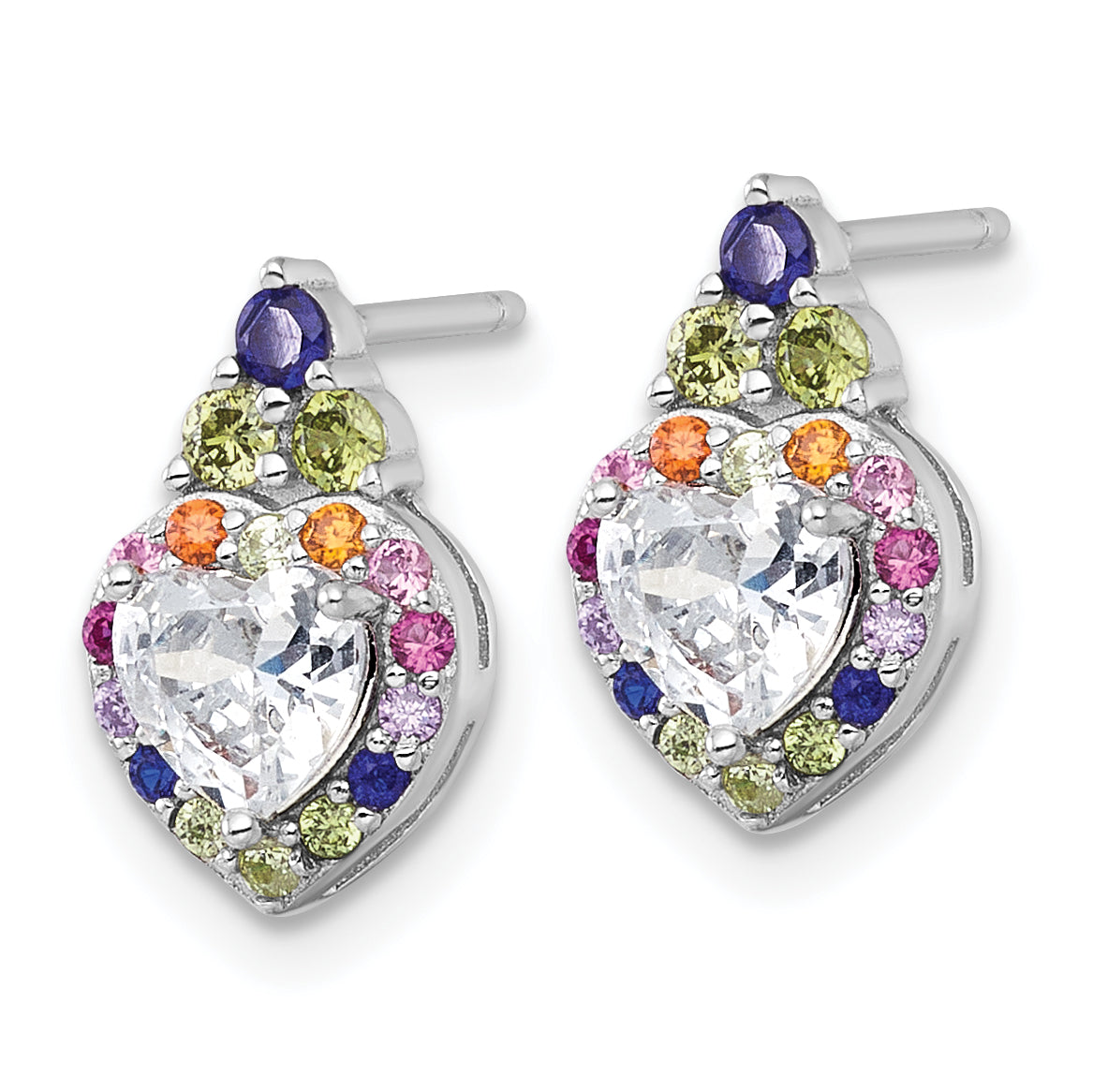 Sterling Silver Rhodium-plated Polished Multi-color Rainbow CZ Heart Halo Post Earrings Secondary image