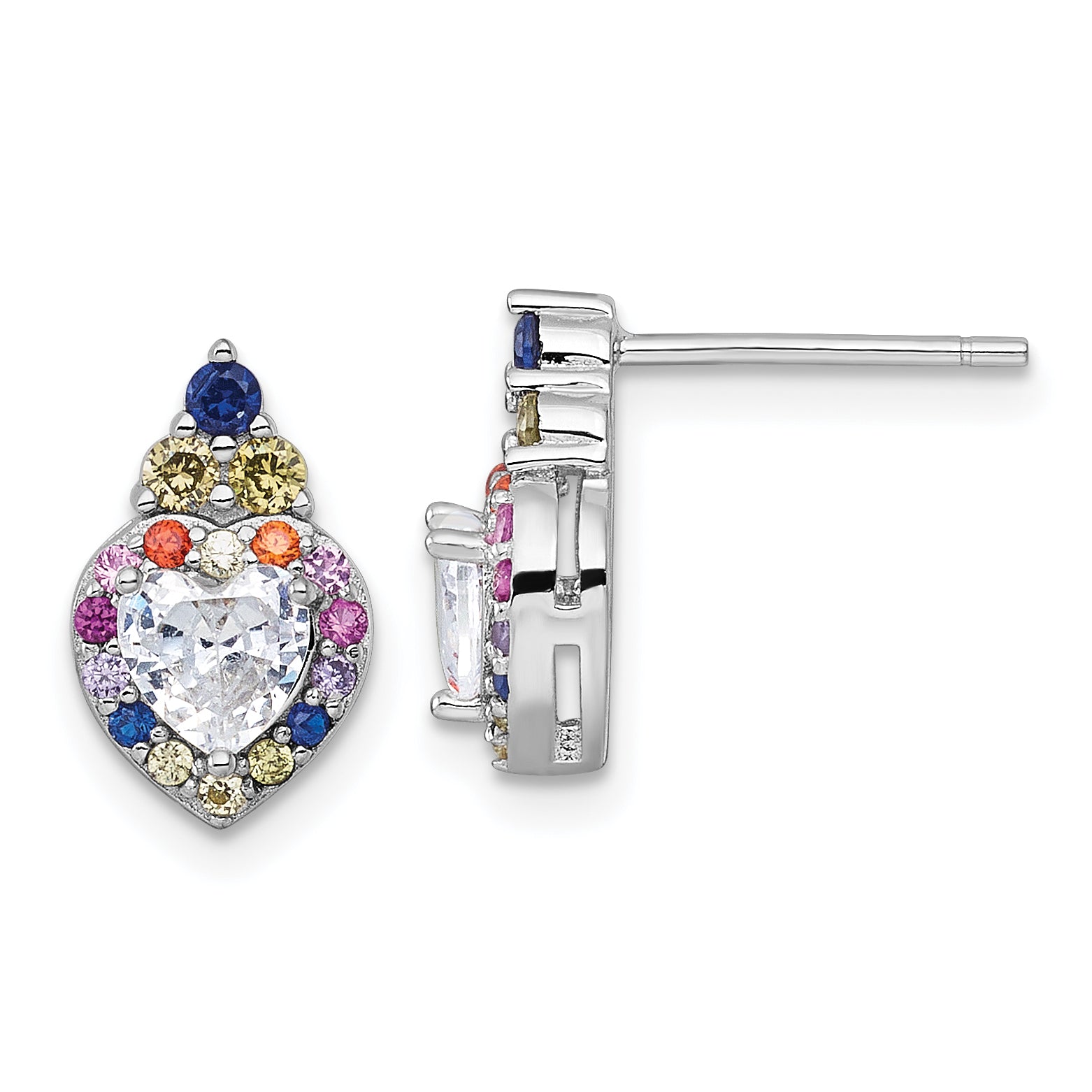 Sterling Silver Rhodium-plated Polished Multi-color Rainbow CZ Heart Halo Post Earrings Main image