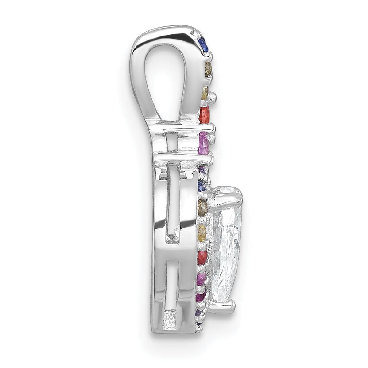 Sterling Silver Rhodium-plated Polished Multi-color Rainbow CZ Heart Halo Chain Slide Pendant