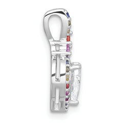 Sterling Silver Rhodium-plated Polished Multi-color Rainbow CZ Heart Halo Chain Slide Pendant