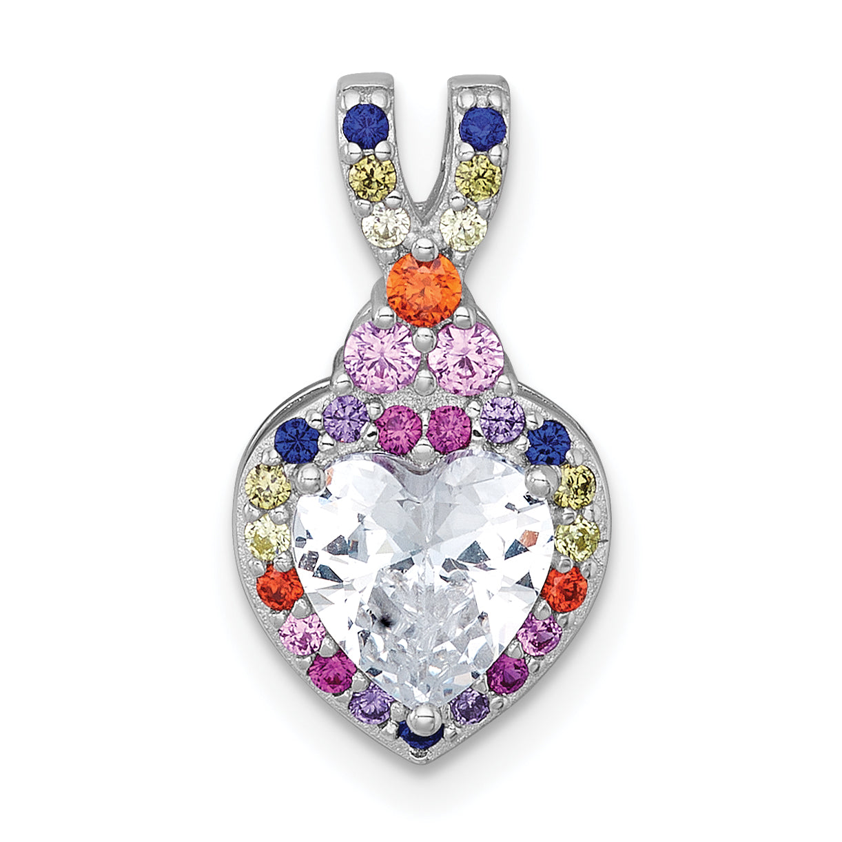 Sterling Silver Rhodium-plated Polished Multi-color Rainbow CZ Heart Halo Chain Slide Pendant Main image