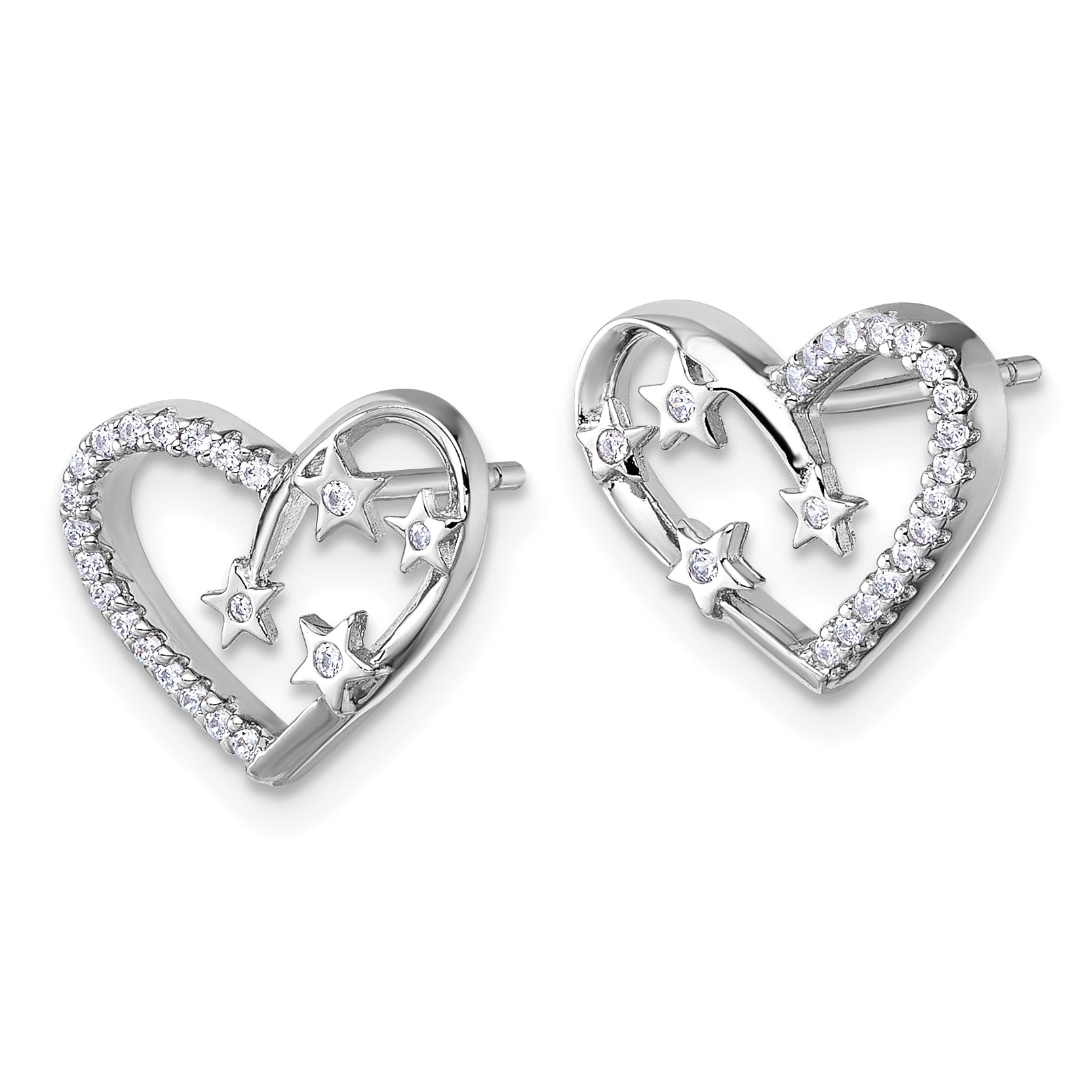 Sterling Silver Rhodium-plated CZ Polished Open Heart with Stars Post Earrings Secondary image