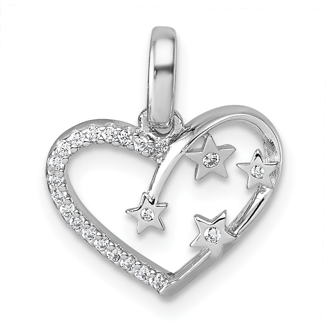 Sterling Silver Rhodium-plated CZ Polished Open Heart with Stars Pendant