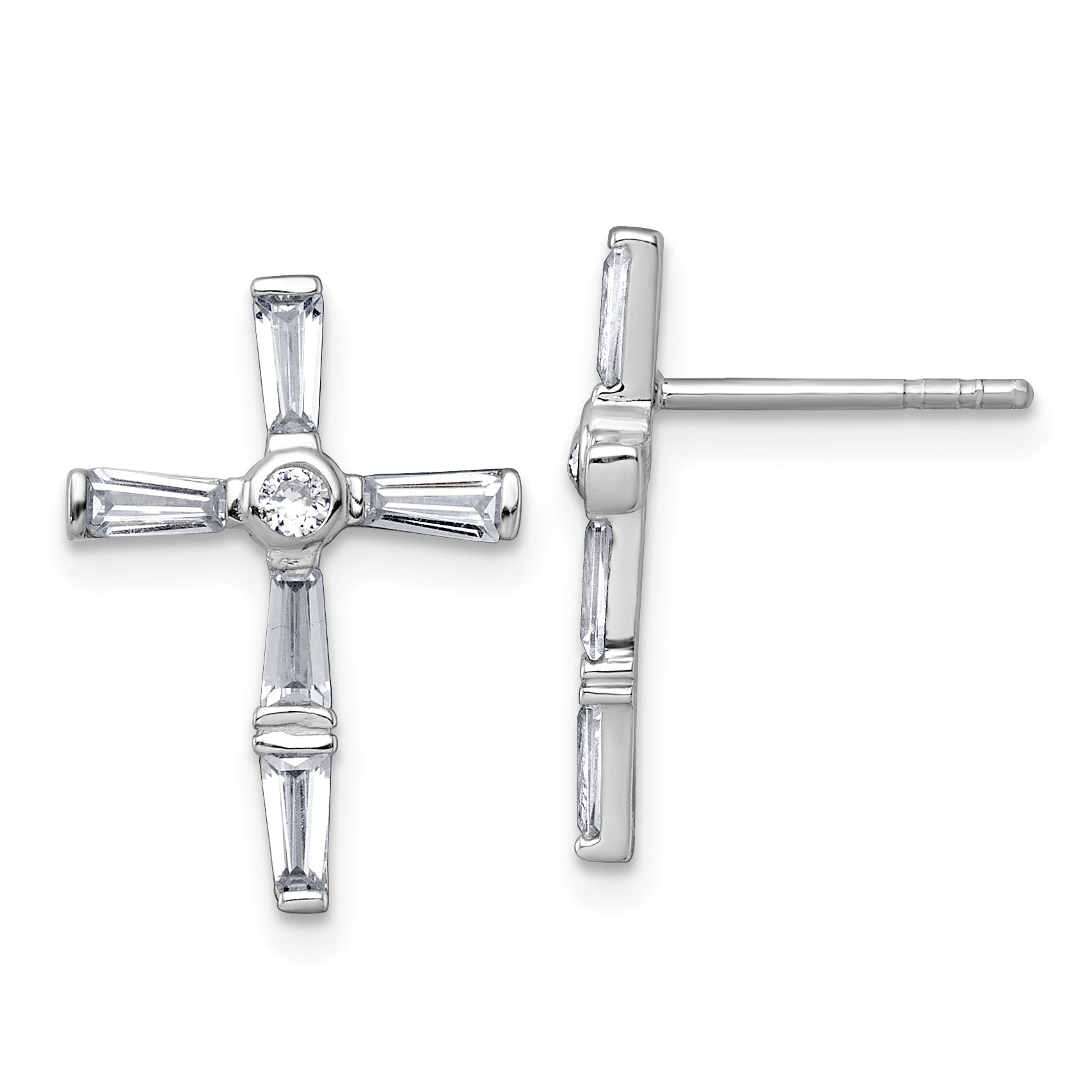 Sterling Silver Rhodium-plated Polished White Baguette CZ Cross Post Earrings Main image