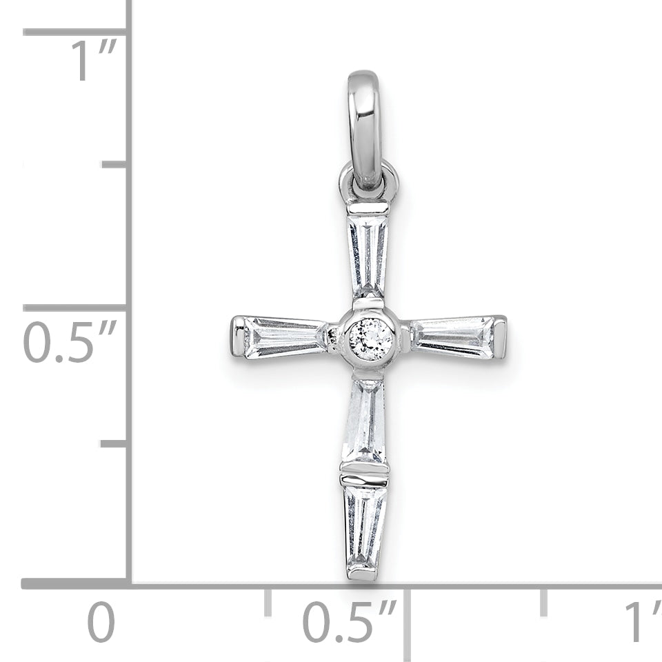 Sterling Silver Rhodium-plated Polished White Baguette CZ Cross Pendant