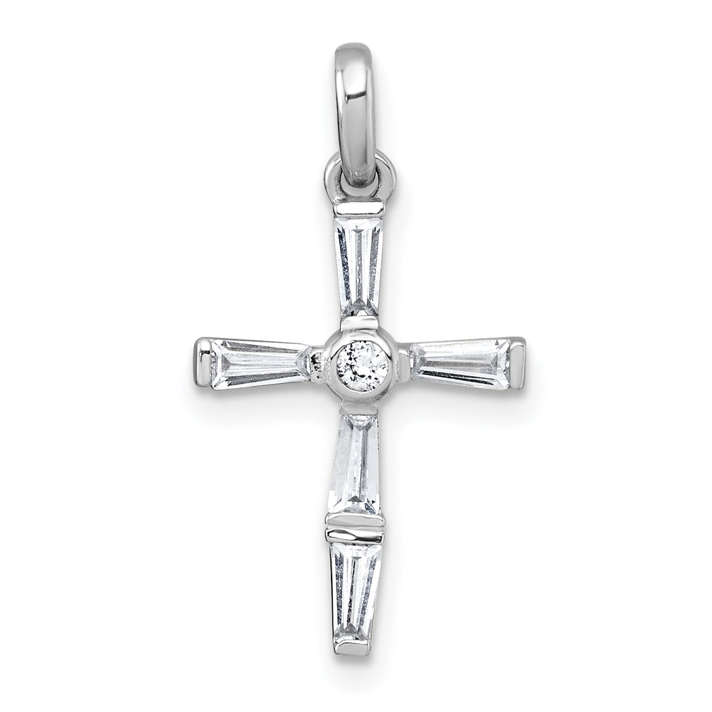 Sterling Silver Rhodium-plated Polished White Baguette CZ Cross Pendant