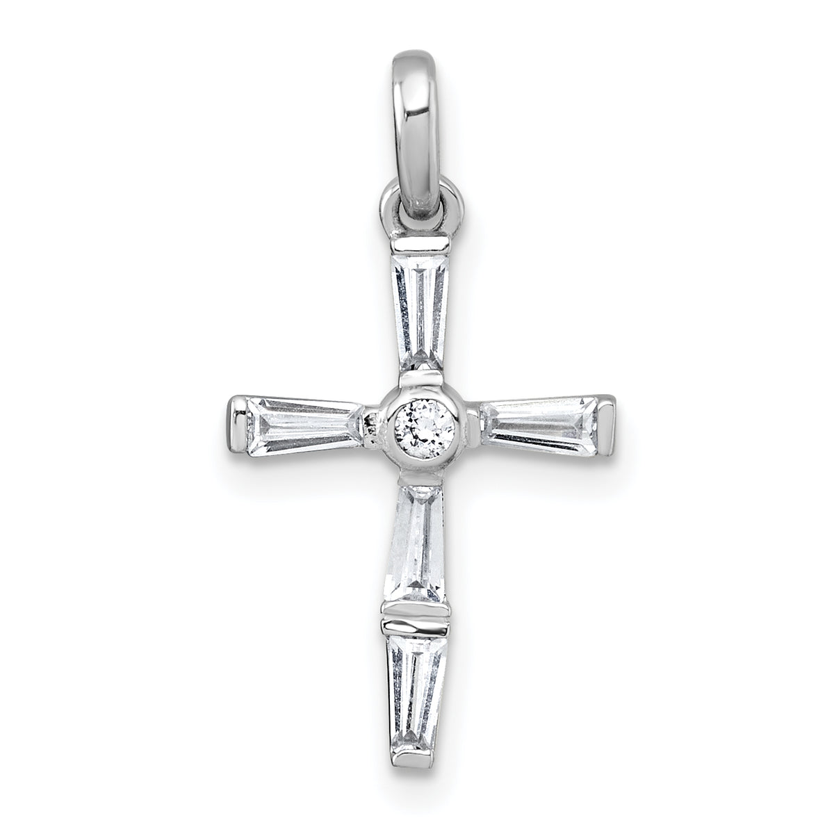 Sterling Silver Rhodium-plated Polished White Baguette CZ Cross Pendant