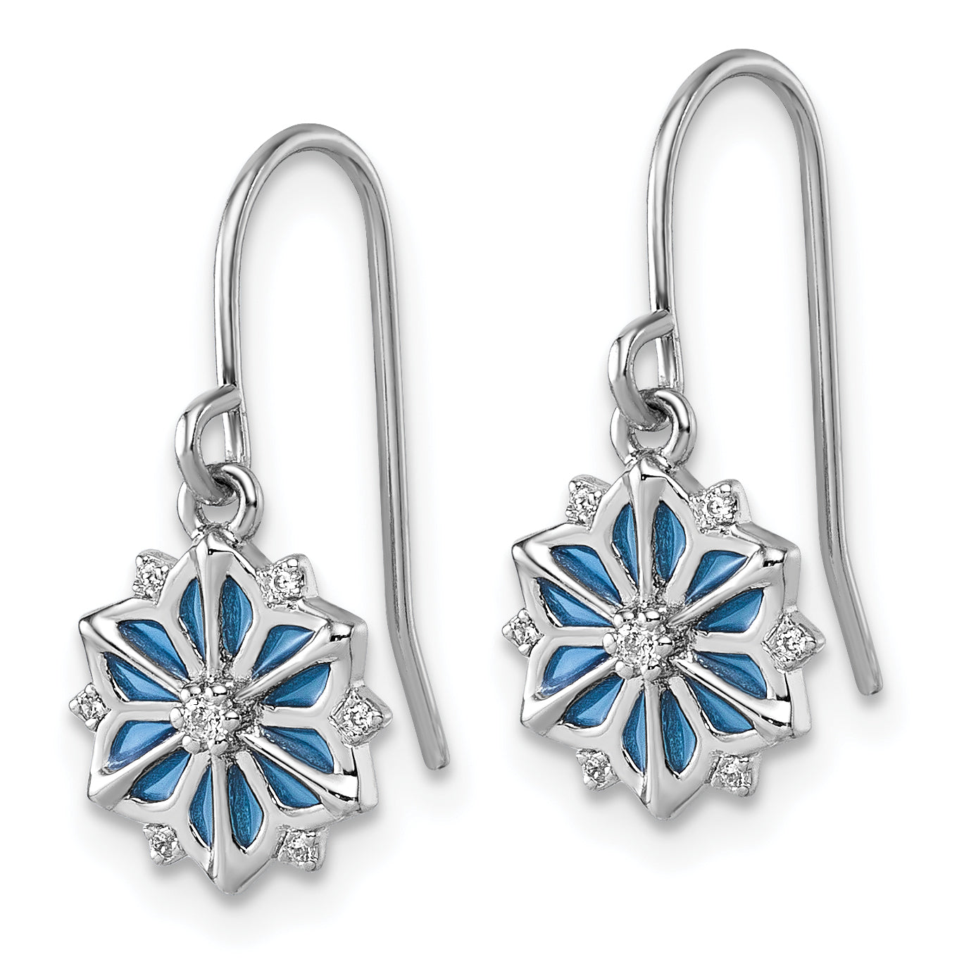 Sterling Silver Rhodium-plated Blue Enamel and White CZ Snowflake Dangle Earrings