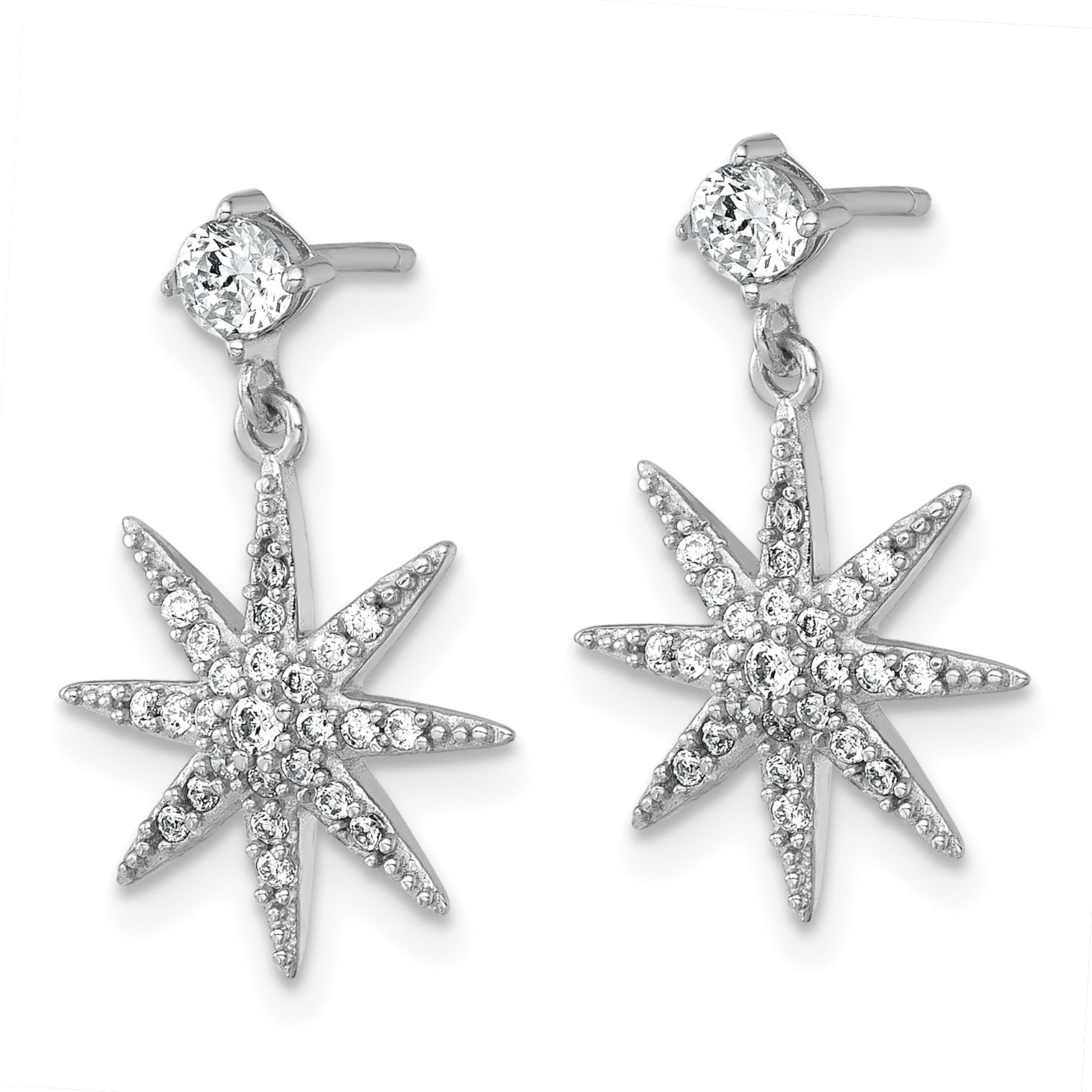 Sterling Silver Rhodium-plated Polished CZ Star Post Dangle Earrings Secondary image