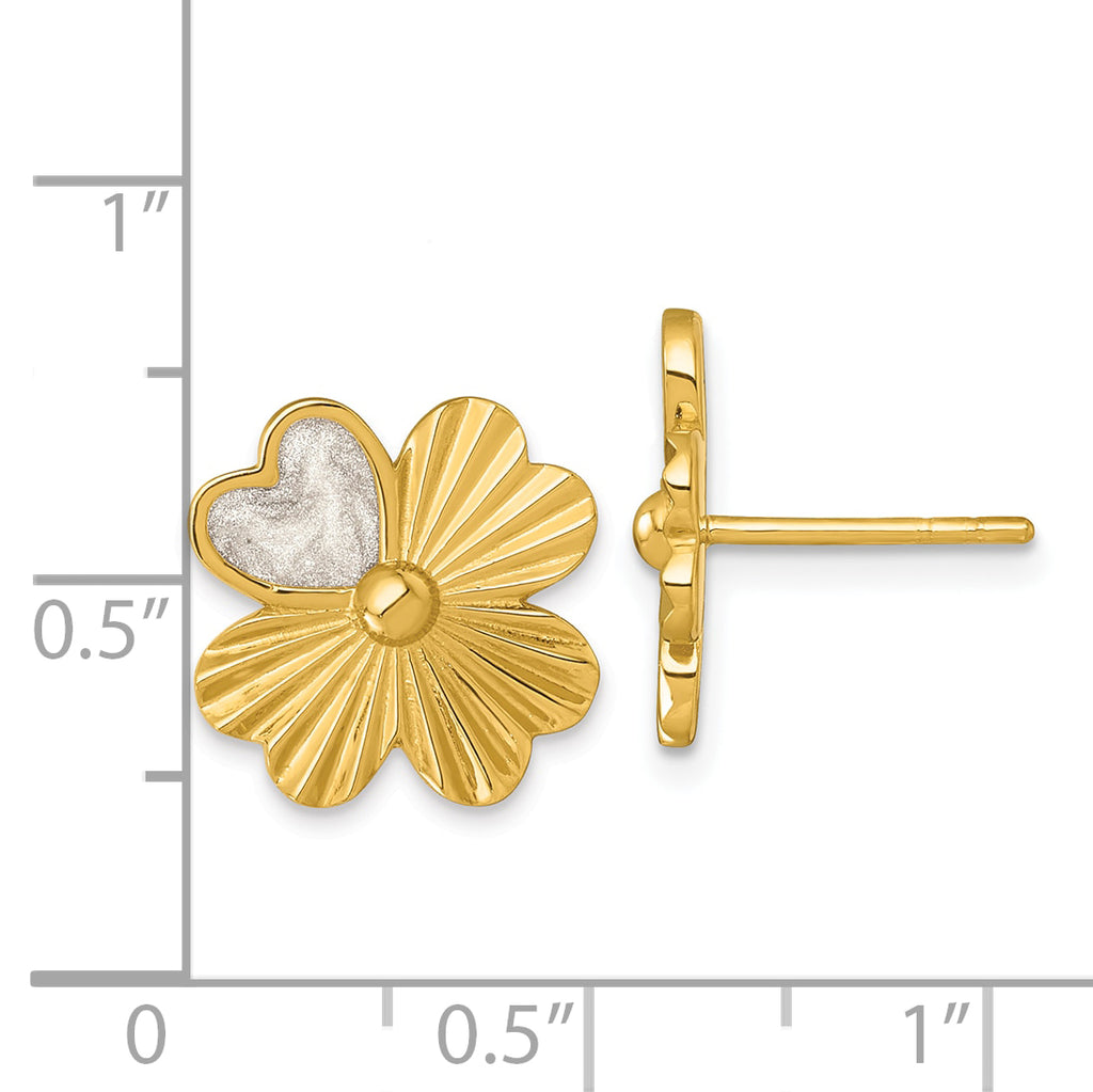 Sterling Silver Gold-tone Polished with White Enamel Lucky 4-Leaf Clover Post Earrings