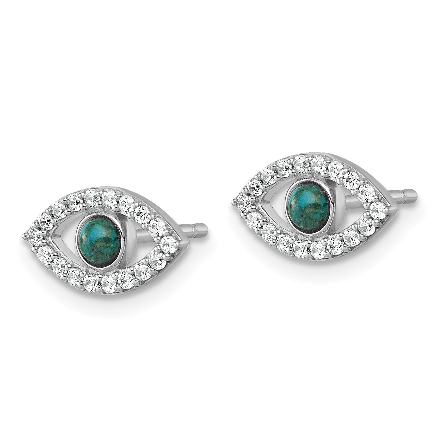 Sterling Silver Rhodium-plated Polished CZ and Compressed Turquoise Cabochon Evil Eye Post Earrings Secondary image
