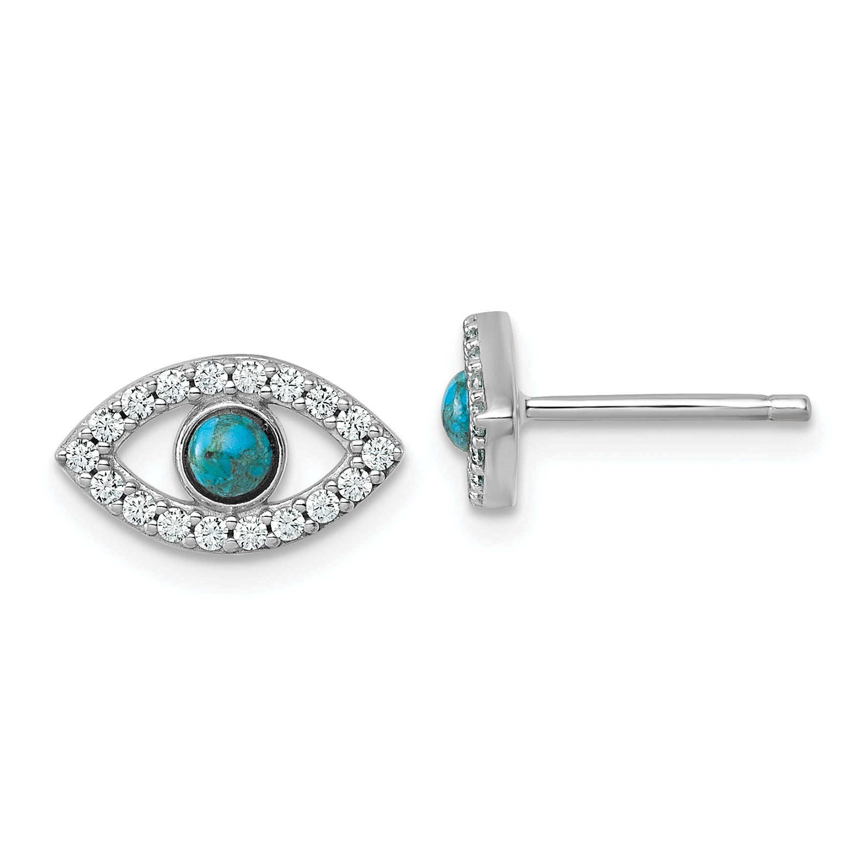 Sterling Silver Rhodium-plated Polished CZ and Compressed Turquoise Cabochon Evil Eye Post Earrings Main image