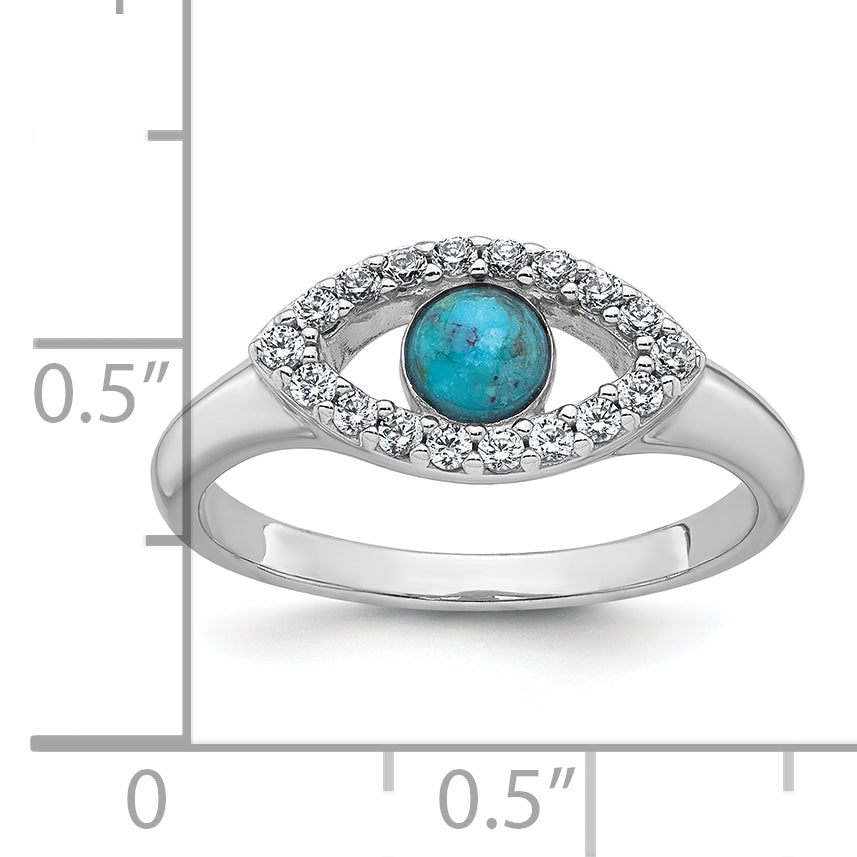 Sterling Silver Rhodium-plated Polished CZ and Compressed Turquoise Cabochon Evil Eye Size 8 Ring