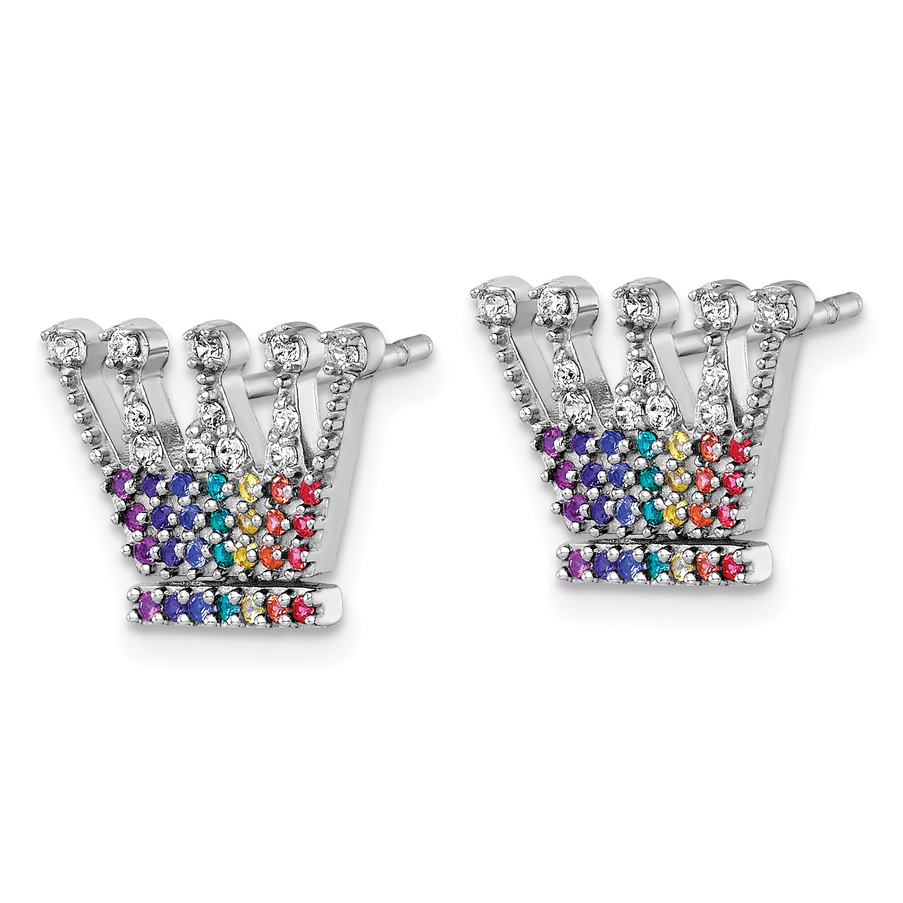 Sterling Silver Rhodium-plated Polished Rainbow Nano Crystals Crown Post Earrings Secondary image