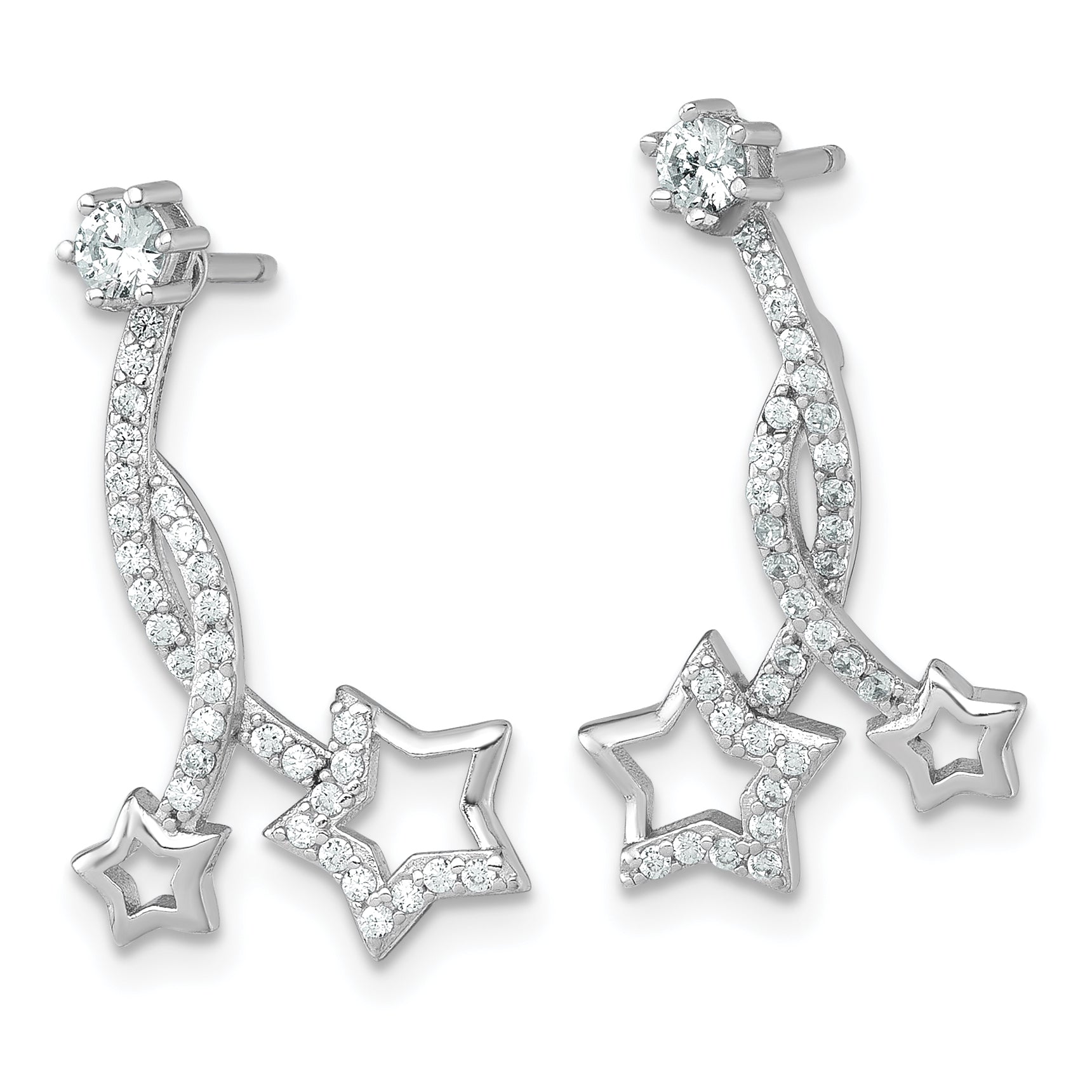 Sterling Silver Rhodium-plated Polished CZ Stud with Removeable Shooting Stars Jacket Earrings