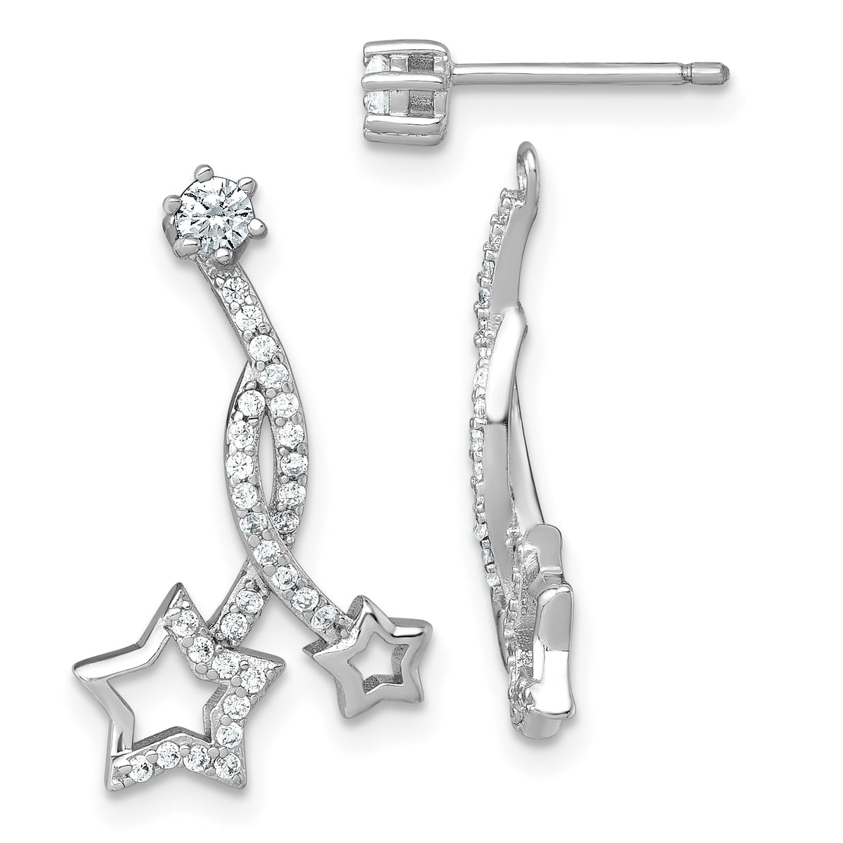 Sterling Silver Rhodium-plated Polished CZ Stud with Removeable Shooting Stars Jacket Earrings