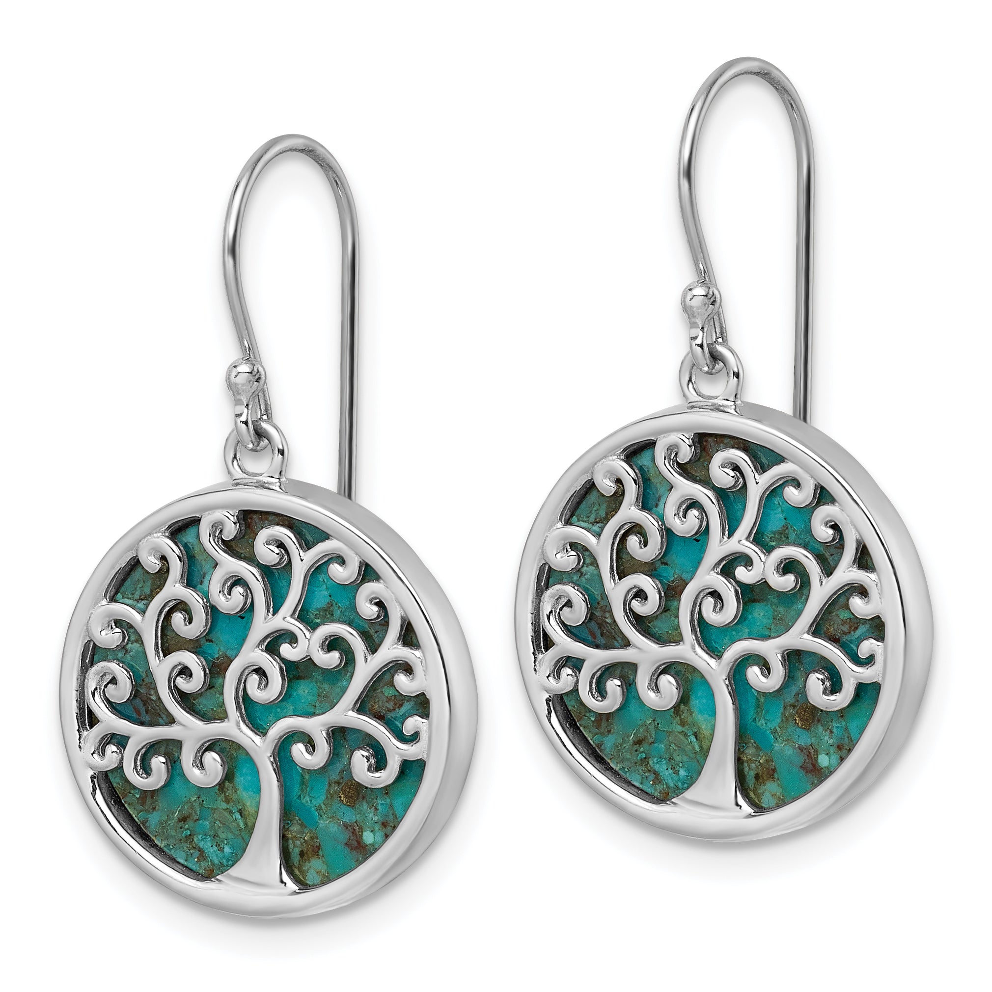 Sterling Silver Rhodium-plated Polished Compressed Turquoise Tree Of Life Shepherd Hook Earrings