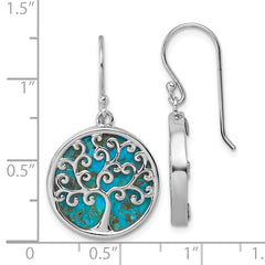 Sterling Silver Rhodium-plated Polished Compressed Turquoise Tree Of Life Shepherd Hook Earrings