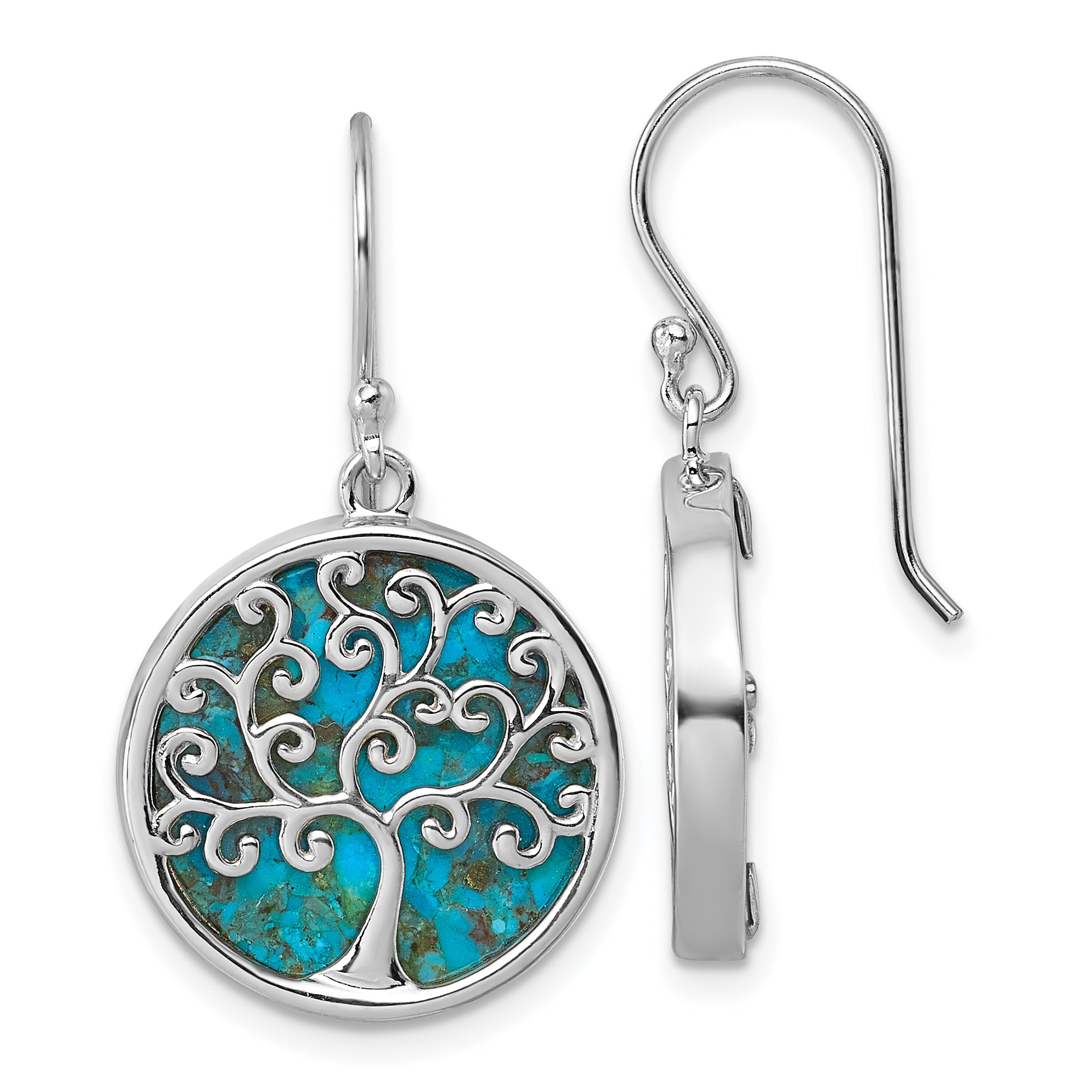 Sterling Silver Rhodium-plated Polished Compressed Turquoise Tree Of Life Shepherd Hook Earrings Main image