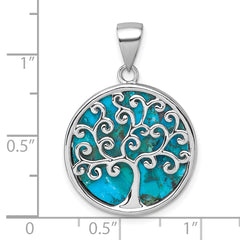 Sterling Silver Rhodium-plated Polished Compressed Turquoise Tree Of Life Pendant