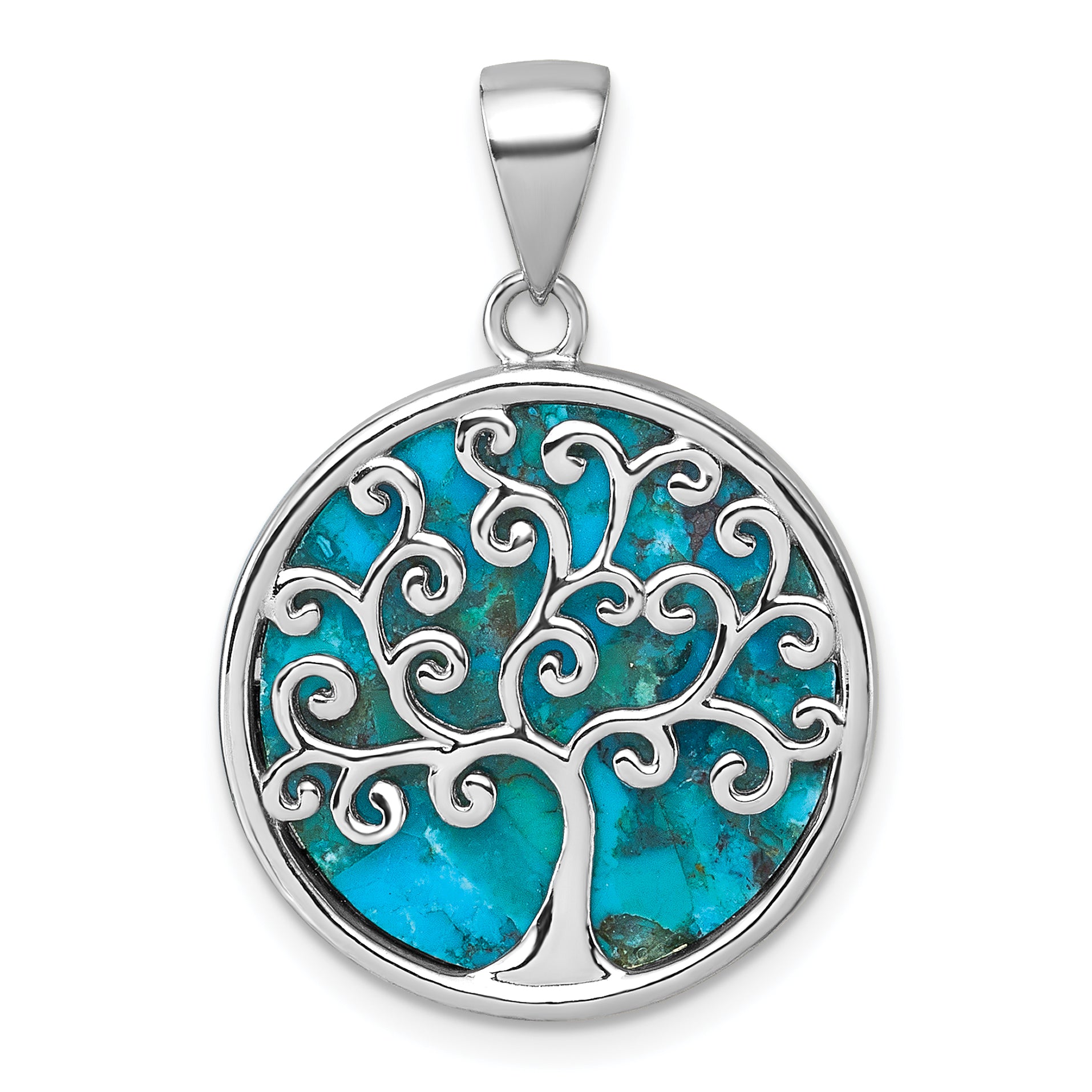 Sterling Silver Rhodium-plated Polished Compressed Turquoise Tree Of Life Pendant Main image