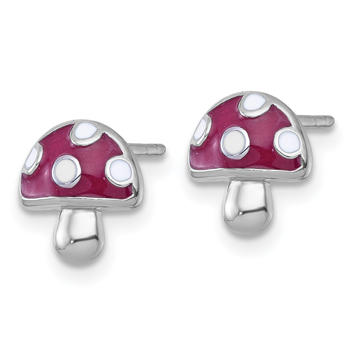 Sterling Silver Rhodium-plated Polished Red and White Enameled Mushroom Post Earrings Secondary image