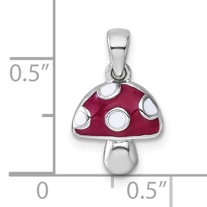 Sterling Silver Rhodium-plated Polished Red and White Enameled Mushroom Pendant