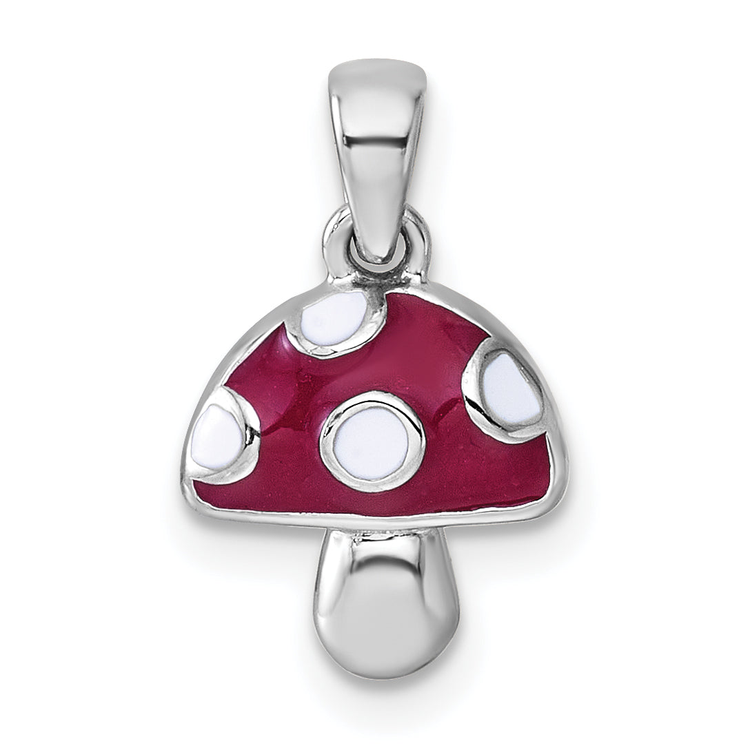 Sterling Silver Rhodium-plated Polished Red and White Enameled Mushroom Pendant Main image
