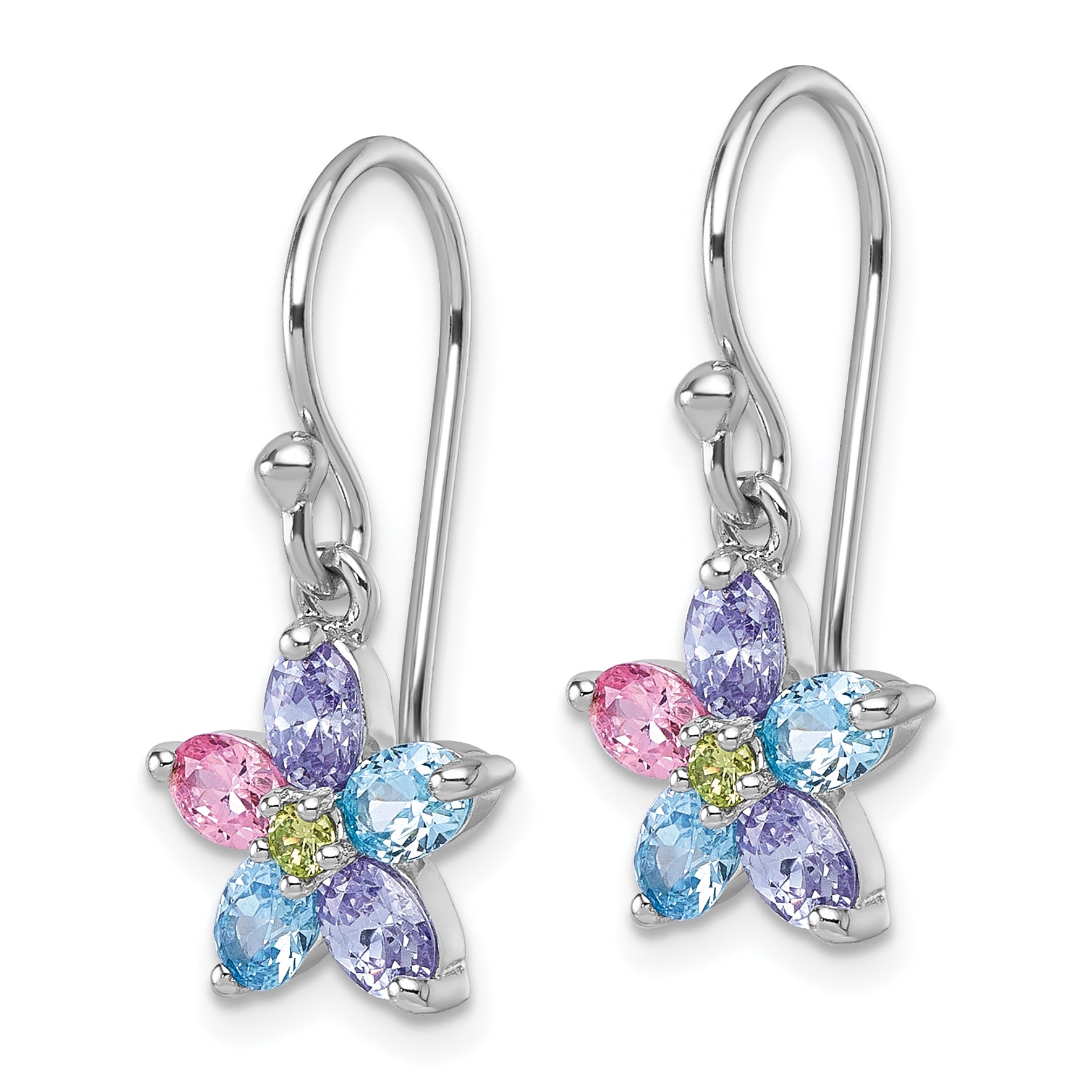 Sterling Silver Rhodium-plated Polished Purple, Pink, Blue and Green CZ Flower Dangle Shepherd Hook Earrings Secondary image