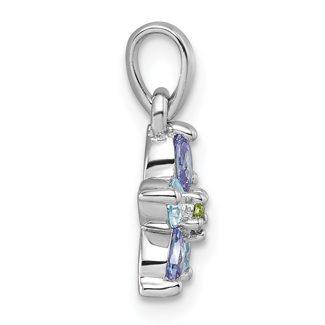 Sterling Silver Rhodium-plated Polished Purple, Pink, Blue and Green CZ Flower Pendant Secondary image