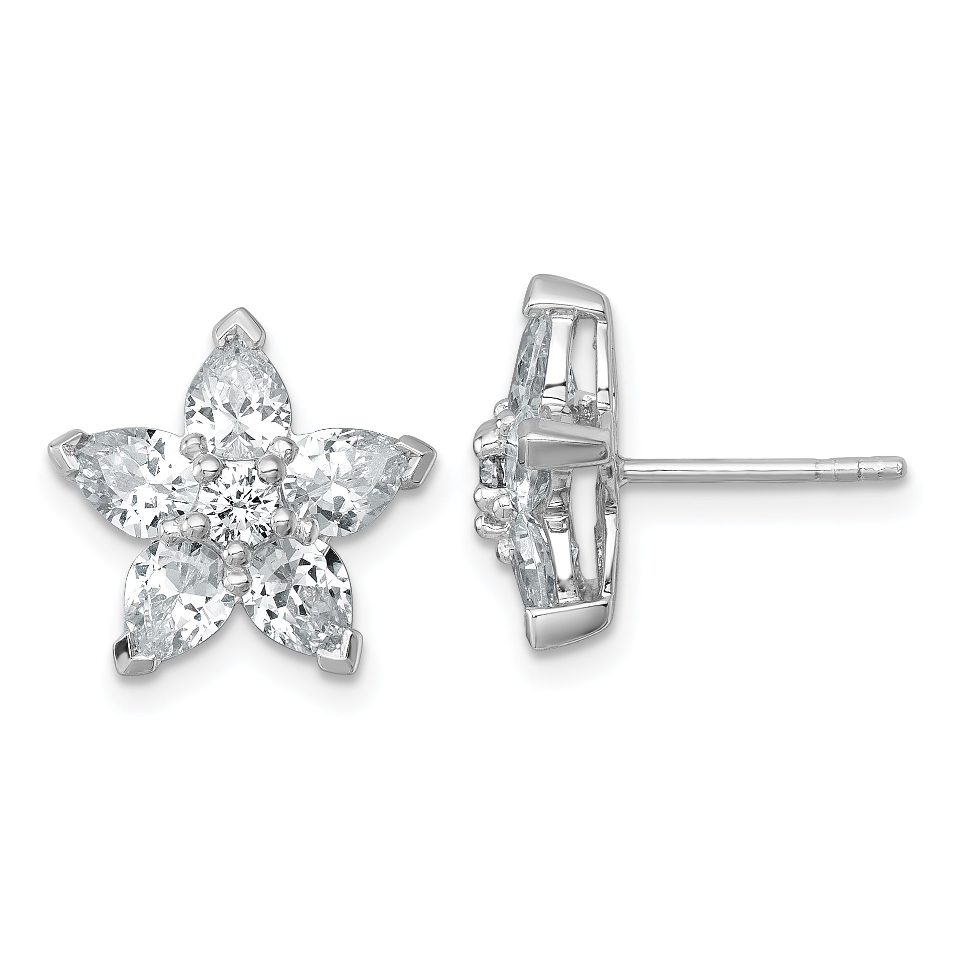 Sterling Silver Rhodium-plated Polished Round and Pear CZ Flower Post Earrings Main image